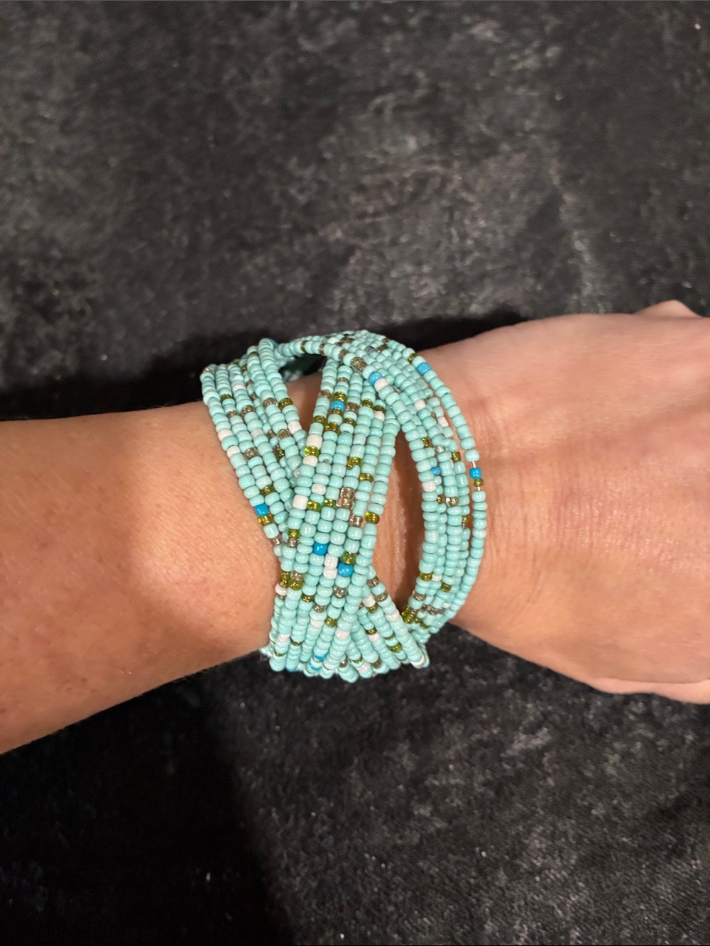 Boho Mint Turquoise Seed Bead Cuff Bracelet Wide Multi Strand Crisscross Wire